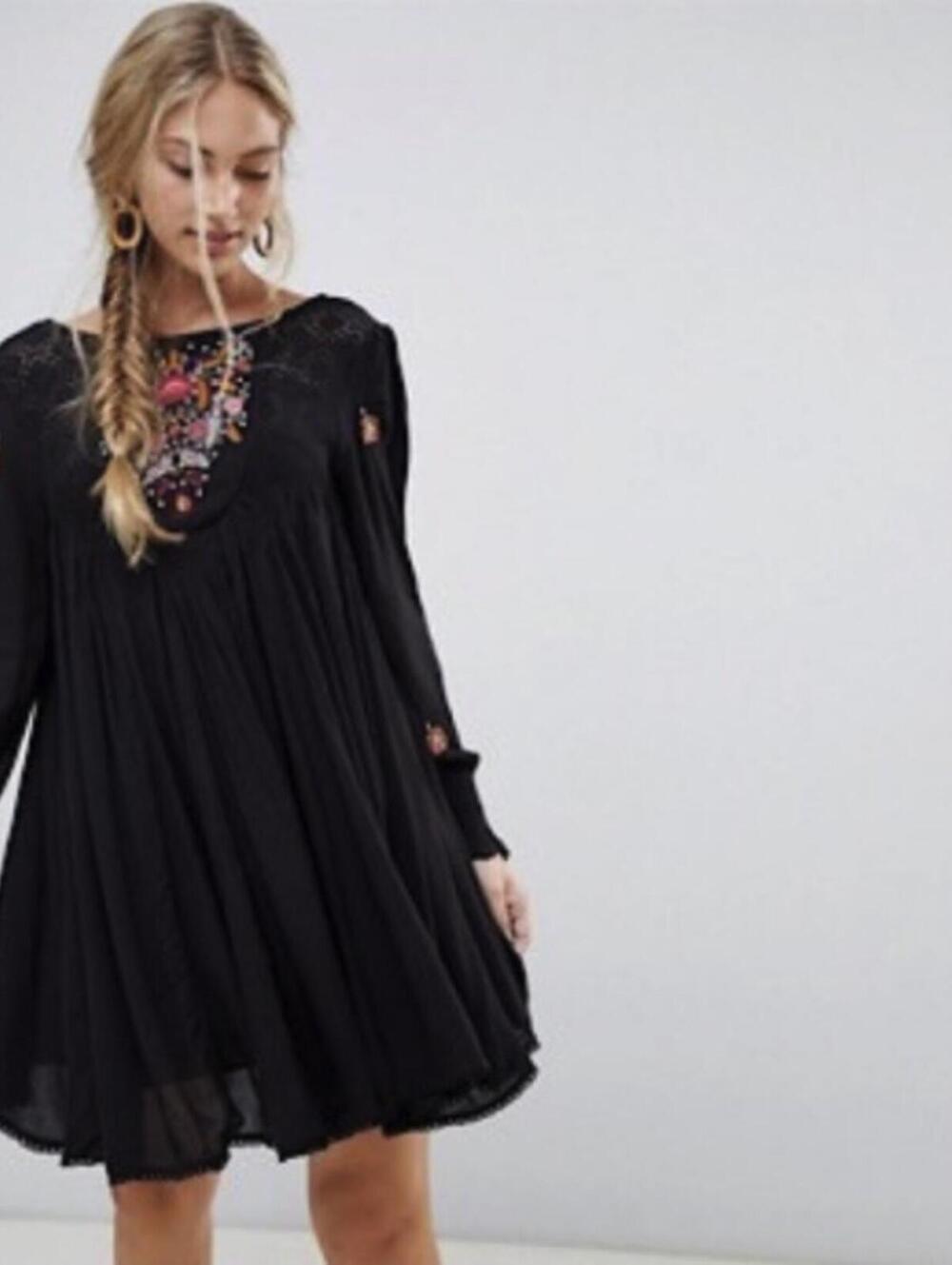 Free People Boho Black Embroidered Mohave Long Sleeve Mini Dress - Size - XS